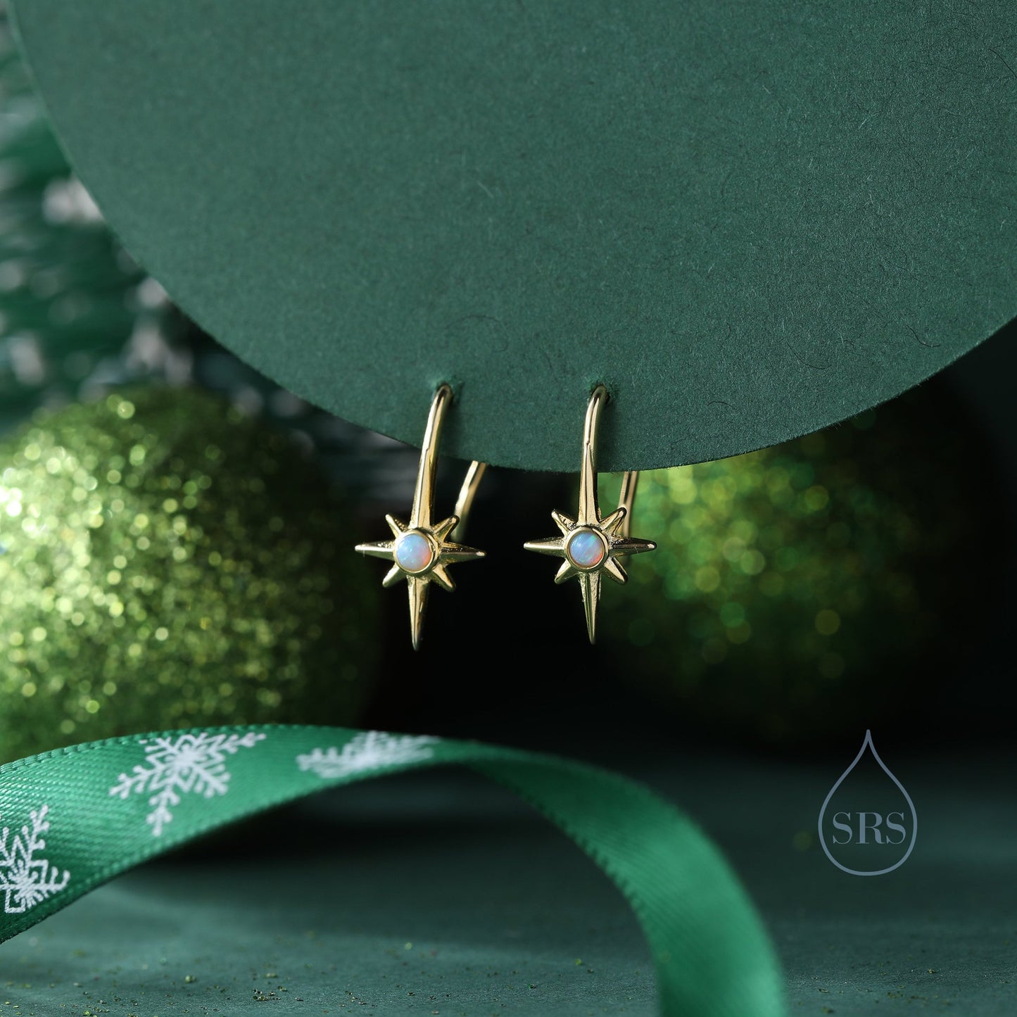 Opal Starburst Drop Hook Earrings in Sterling Silver, Blue Opal North Star Drop Earrings, Delicate Blue Opal Star Earrings, Sunburst Earring