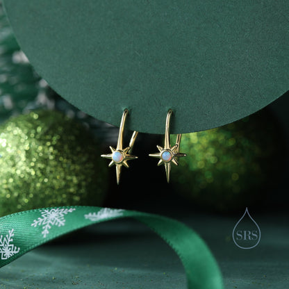 Opal Starburst Drop Hook Earrings in Sterling Silver, Blue Opal North Star Drop Earrings, Delicate Blue Opal Star Earrings, Sunburst Earring