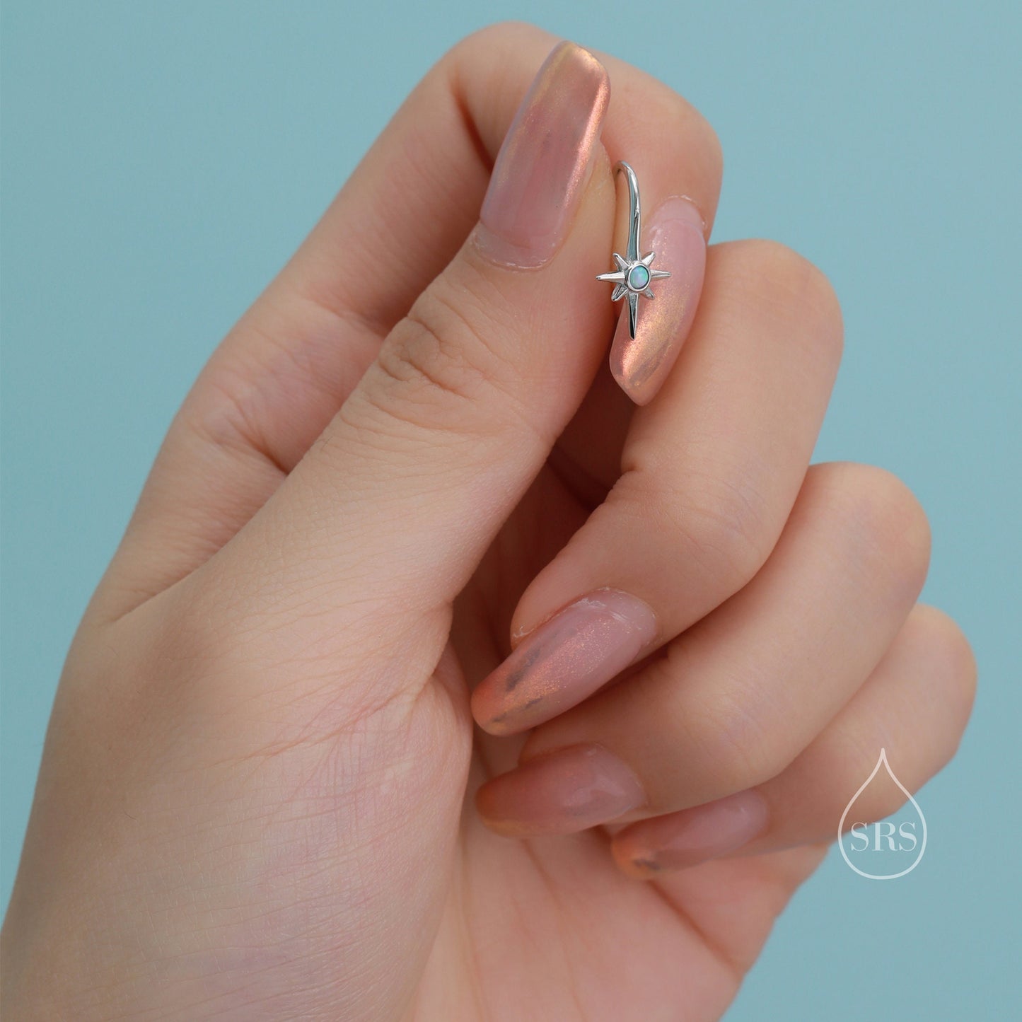 Opal Starburst Drop Hook Earrings in Sterling Silver, Blue Opal North Star Drop Earrings, Delicate Blue Opal Star Earrings, Sunburst Earring