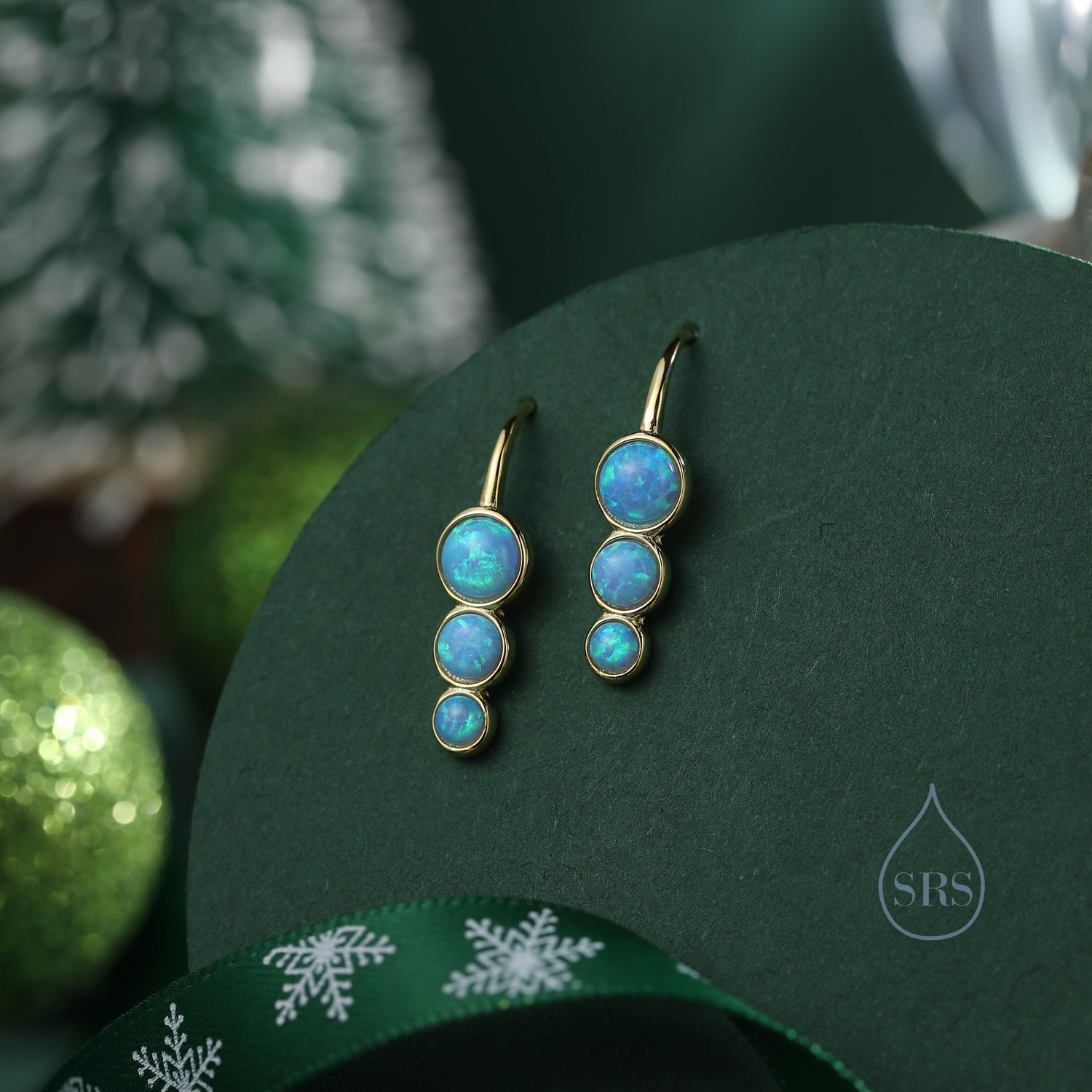 Opal Trio Droplet Drop Hook Earrings in Sterling Silver, Blue Opal or White Opal, Delicate Three Opal Earrings, Opal Coin Earrings