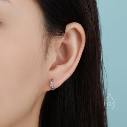 Delicate Opal Huggie Hoop Earrings in Sterling Silver, Silver or Gold, Blue or White Opal, Tiny Opal Hoop Earrings
