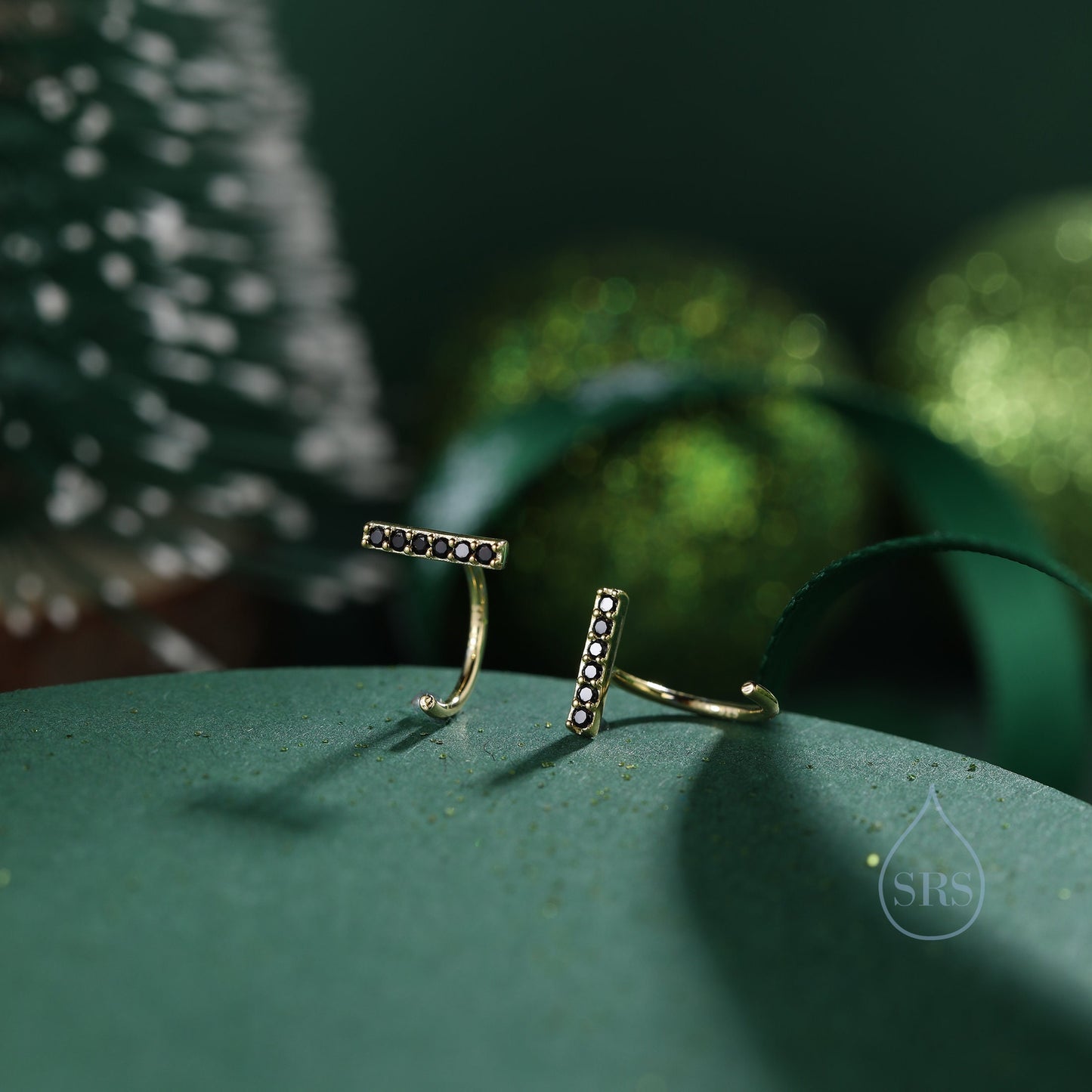 CZ Bar Huggie Hoop Earrings in Sterling Silver, Silver or Gold, Black or Clear CZ, Half Hoop, Open Hoop, Pull Through