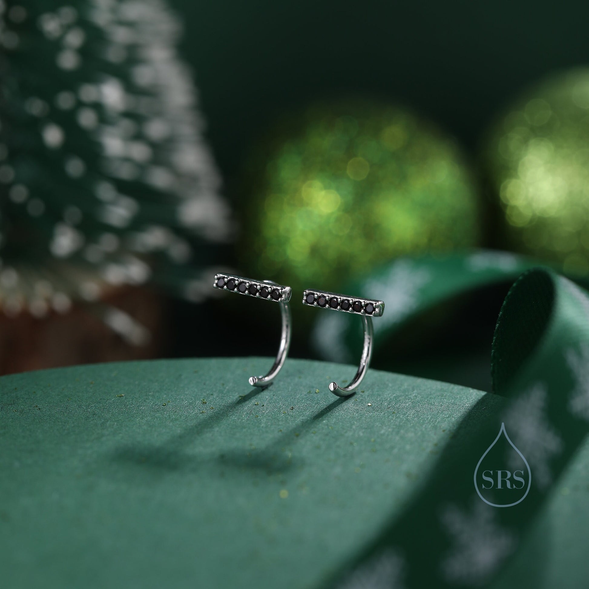 CZ Bar Huggie Hoop Earrings in Sterling Silver, Silver or Gold, Black or Clear CZ, Half Hoop, Open Hoop, Pull Through