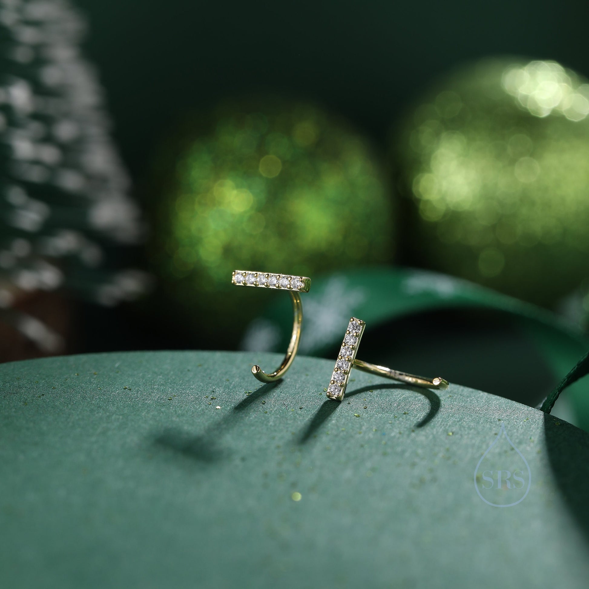 CZ Bar Huggie Hoop Earrings in Sterling Silver, Silver or Gold, Black or Clear CZ, Half Hoop, Open Hoop, Pull Through