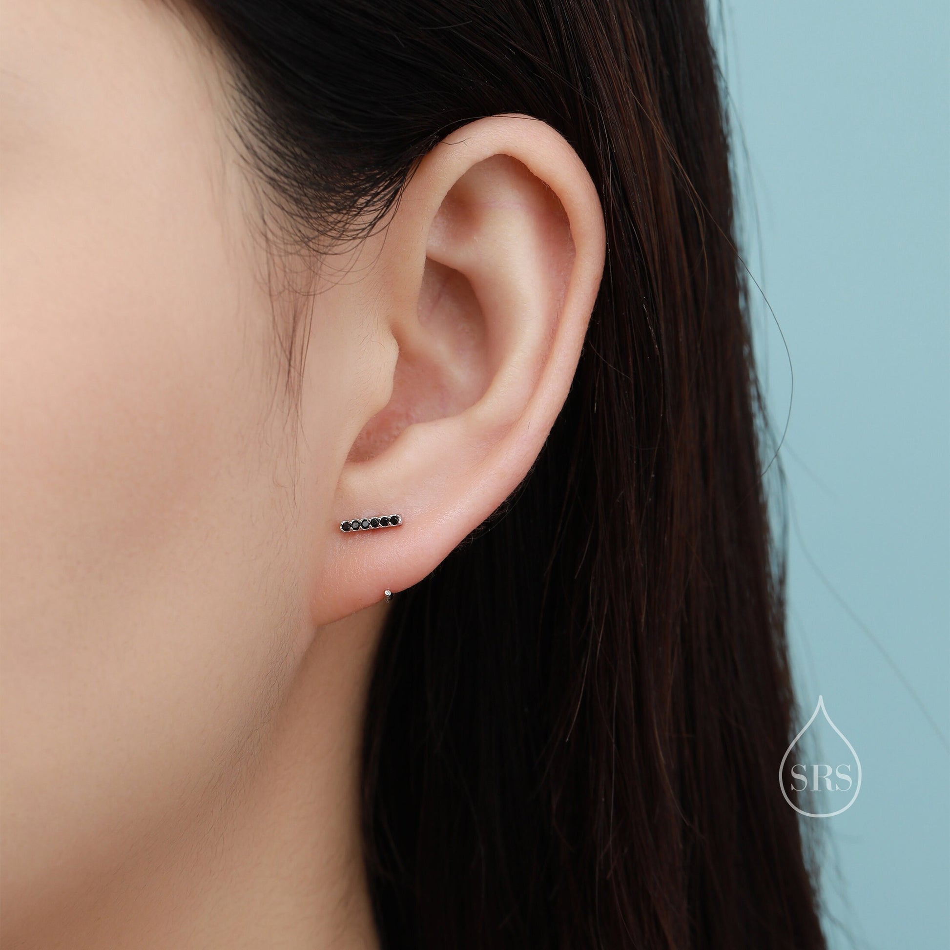 CZ Bar Huggie Hoop Earrings in Sterling Silver, Silver or Gold, Black or Clear CZ, Half Hoop, Open Hoop, Pull Through