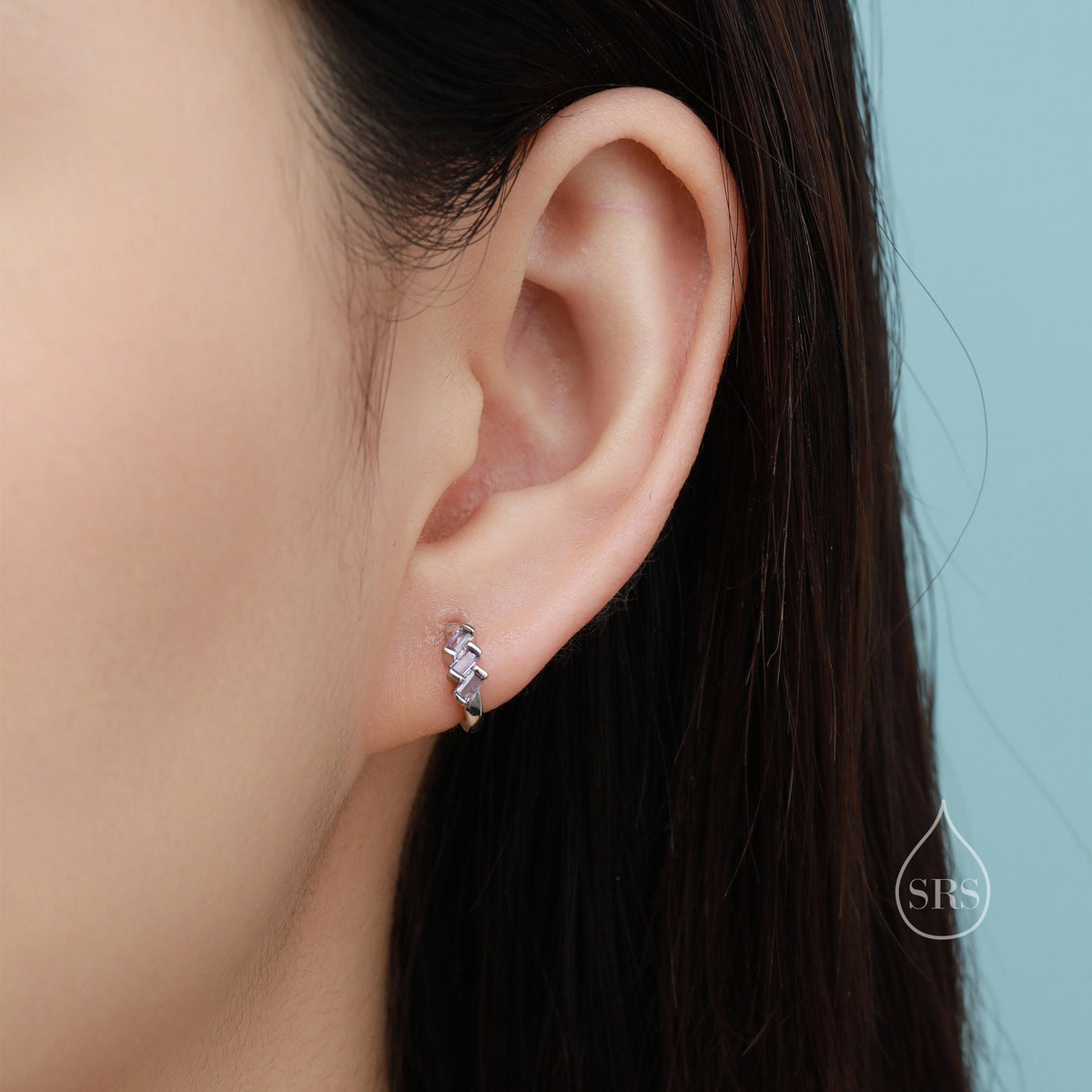 Blue Baguette CZ Cluster Huggie Hoop Earrings