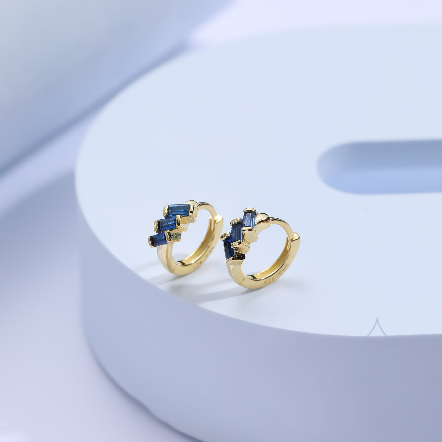 Sapphire Blue Baguette CZ Cluster Huggie Hoop in Sterling Silver, Silver or Gold, Geometric Hoop Earrings