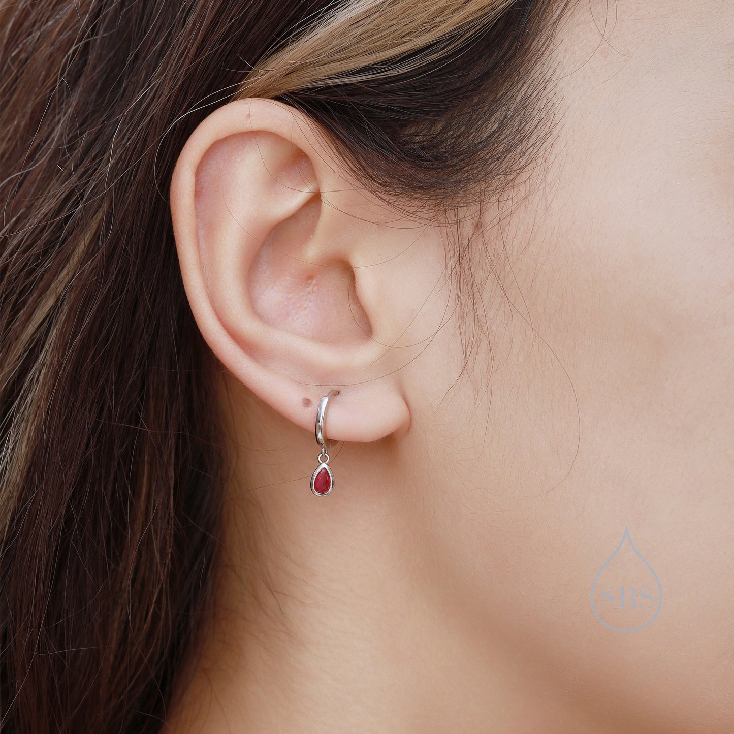 Tiny Ruby Pink Droplet CZ Huggie Hoop Earrings in Sterling Silver, Silver or Gold, Geometric Hoop Earrings, Ruby Red Hoops