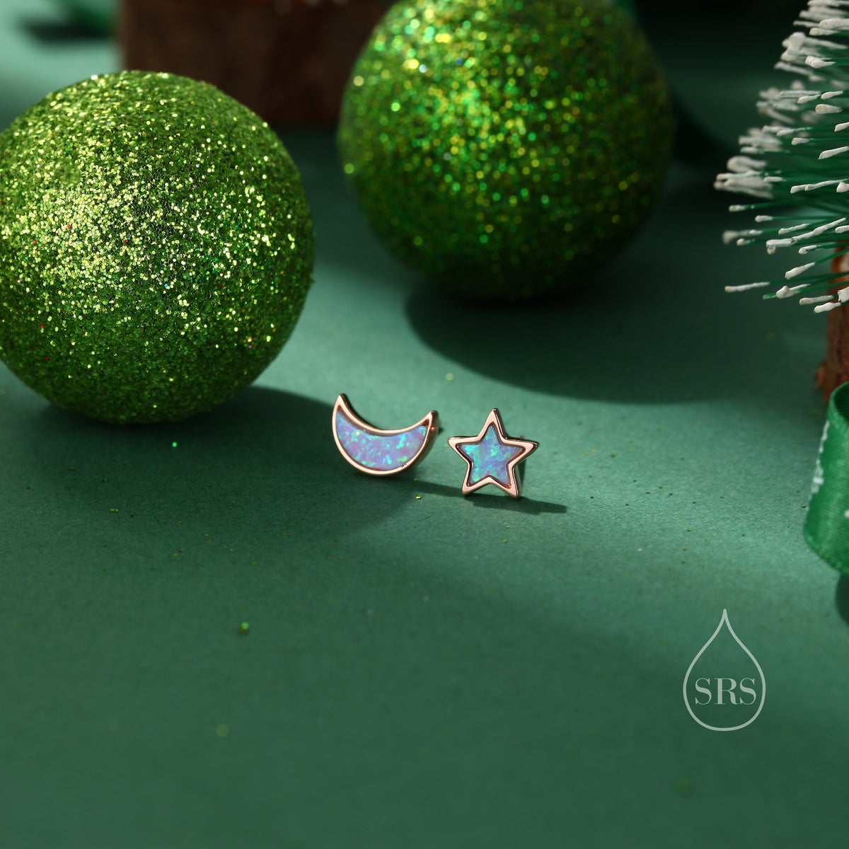 Mismatched Opal Moon and Star Stud Earrings in Sterling Silver - Blue Opal or White Opal - Gold or Silver - New Moon Earrings