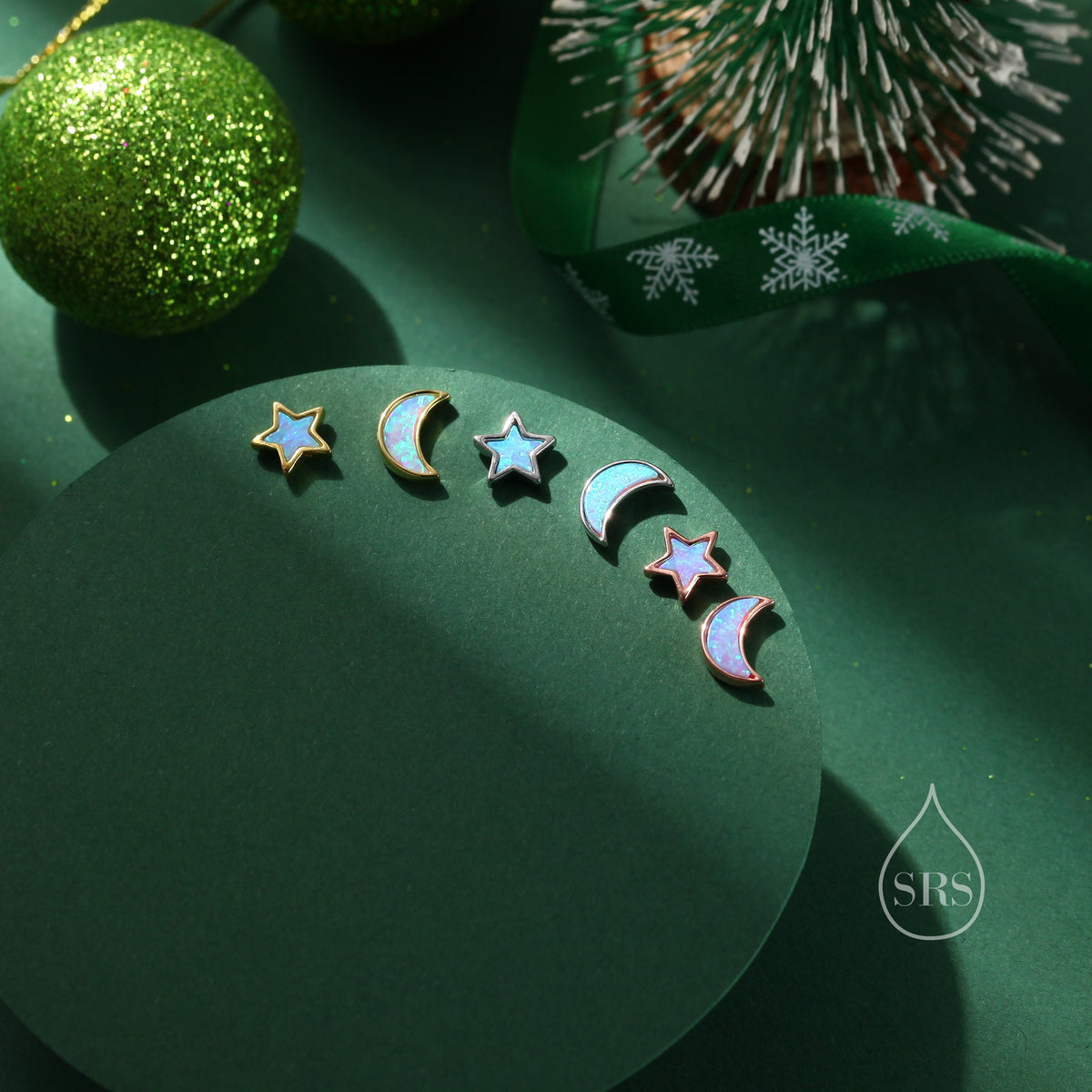 Mismatched Opal Moon and Star Stud Earrings in Sterling Silver - Blue Opal or White Opal - Gold or Silver - New Moon Earrings