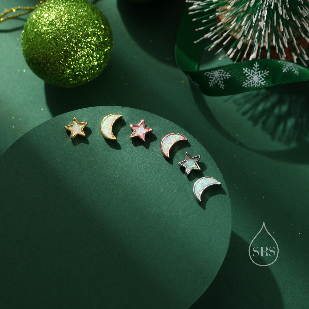 Mismatched Opal Moon and Star Stud Earrings in Sterling Silver - Blue Opal or White Opal - Gold or Silver - New Moon Earrings