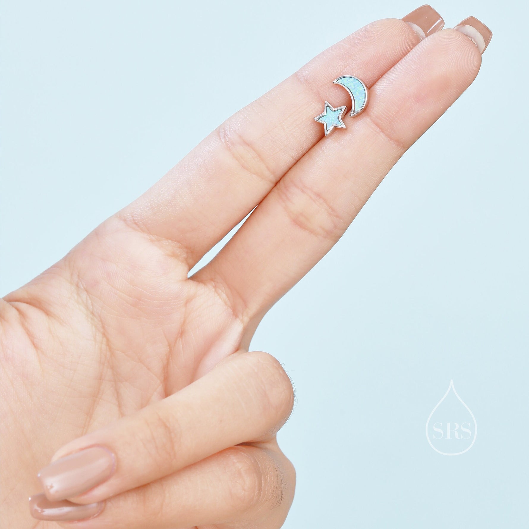 Mismatched Opal Moon and Star Stud Earrings in Sterling Silver - Blue Opal or White Opal - Gold or Silver - New Moon Earrings