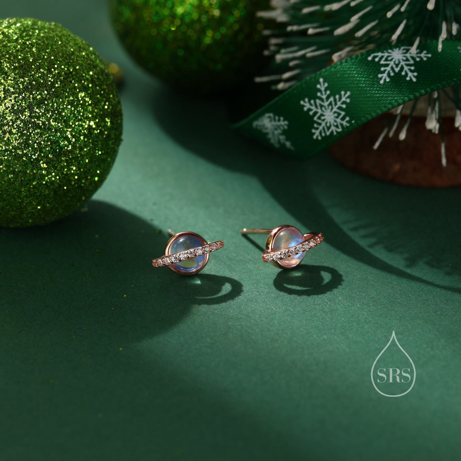 Moonstone and CZ Halo Planet Stud Earrings in Sterling Silver, Lab Moonstone Planet Earrings, Moonstone Saturn Earrings