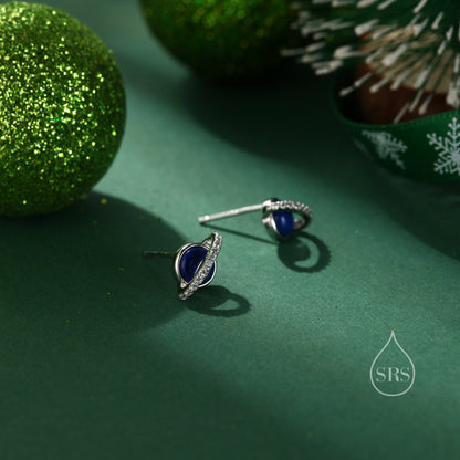 Genuine Lapis Lazuli Stone and CZ Halo Planet Stud Earrings in Sterling Silver, Blue Lapis Planet Earrings, Lapis Saturn Earrings