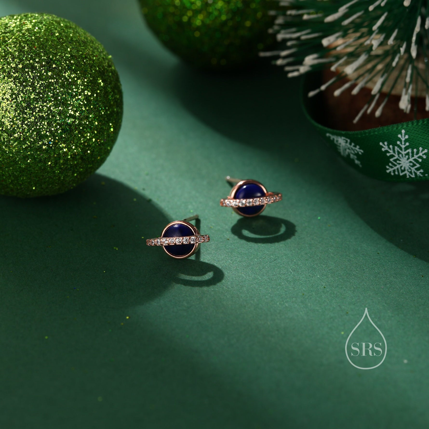Genuine Lapis Lazuli Stone and CZ Halo Planet Stud Earrings in Sterling Silver, Blue Lapis Planet Earrings, Lapis Saturn Earrings