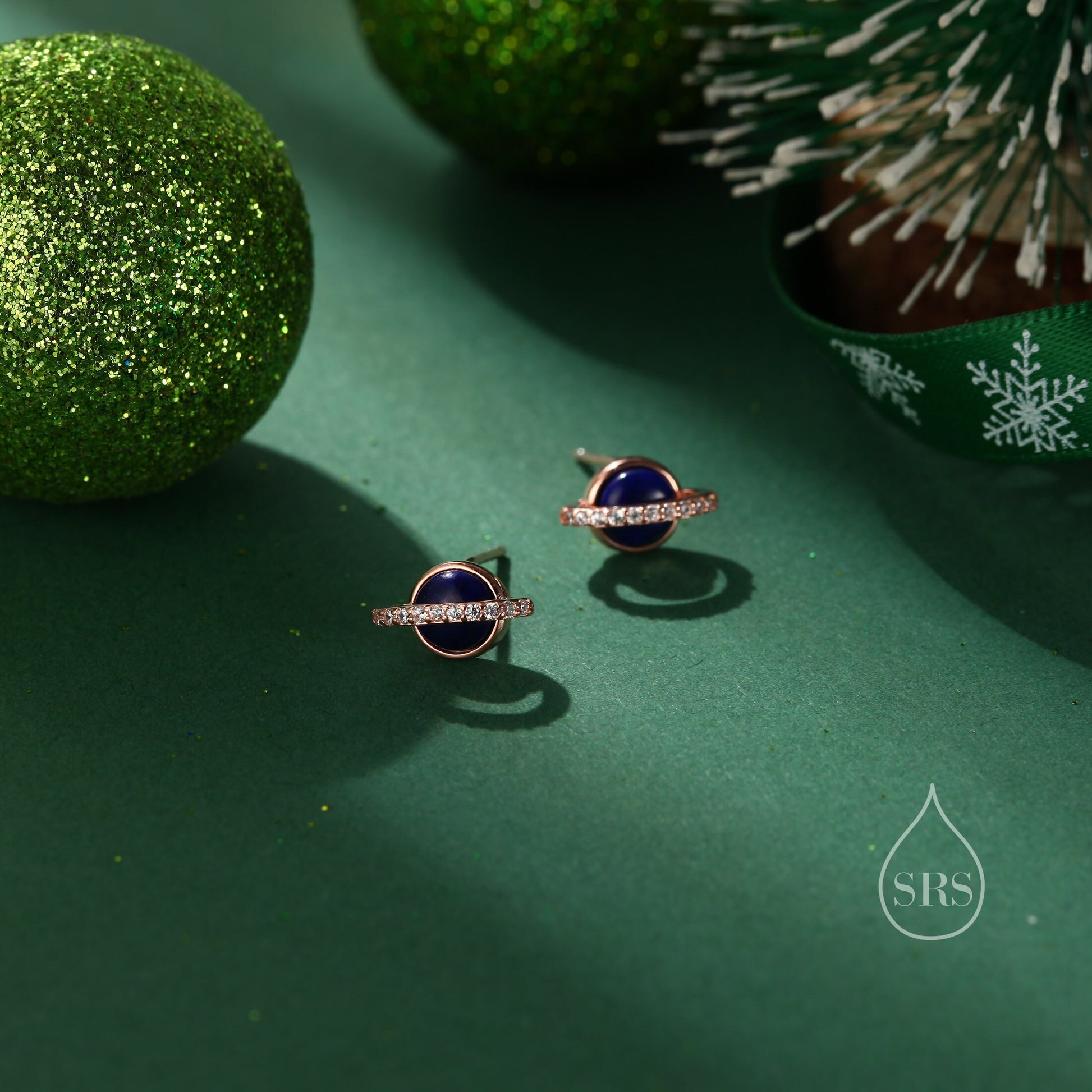 Genuine Lapis Lazuli Stone and CZ Halo Planet Stud Earrings in Sterling Silver, Blue Lapis Planet Earrings, Lapis Saturn Earrings