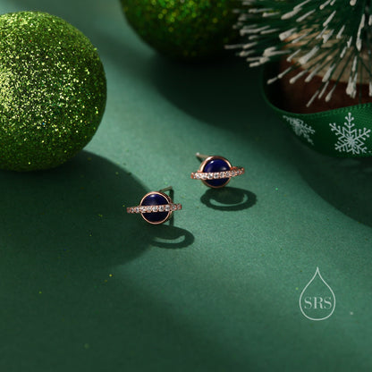 Genuine Lapis Lazuli Stone and CZ Halo Planet Stud Earrings in Sterling Silver, Blue Lapis Planet Earrings, Lapis Saturn Earrings