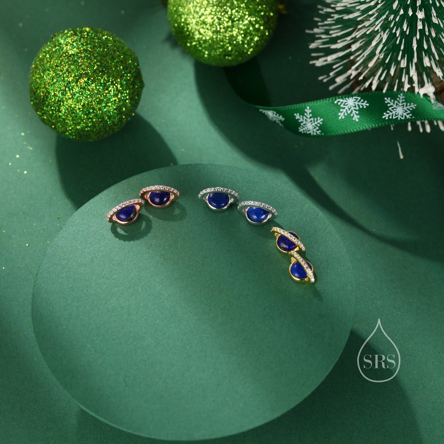 Genuine Lapis Lazuli Stone and CZ Halo Planet Stud Earrings in Sterling Silver, Blue Lapis Planet Earrings, Lapis Saturn Earrings