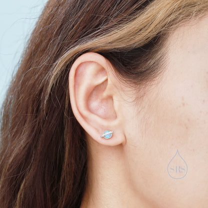 Genuine Lapis Lazuli Stone and CZ Halo Planet Stud Earrings in Sterling Silver, Blue Lapis Planet Earrings, Lapis Saturn Earrings