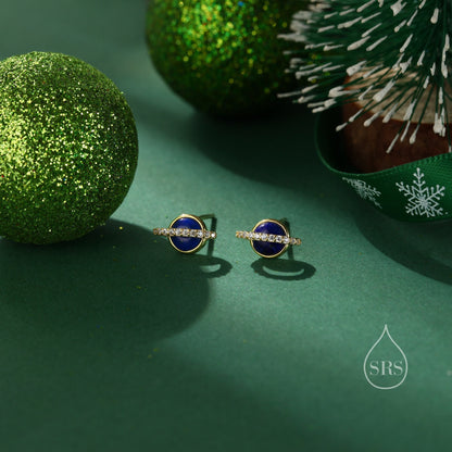 Genuine Lapis Lazuli Stone and CZ Halo Planet Stud Earrings in Sterling Silver, Blue Lapis Planet Earrings, Lapis Saturn Earrings