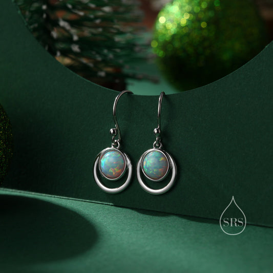 Opal and Circle Drop Hook Earrings in Sterling Silver, Delicate Fire Opal Geometric Earrings, Opal Coin Earrings