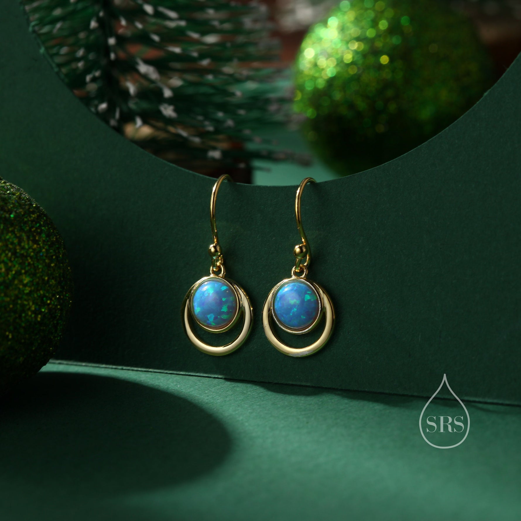 Blue Opal and Circle Drop Hook Earrings in Sterling Silver, Delicate Blue Opal Geometric Earrings, Opal Coin Earrings