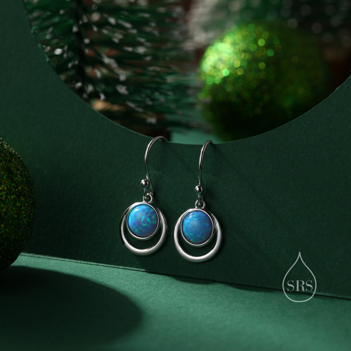Blue Opal and Circle Drop Hook Earrings in Sterling Silver, Delicate Blue Opal Geometric Earrings, Opal Coin Earrings