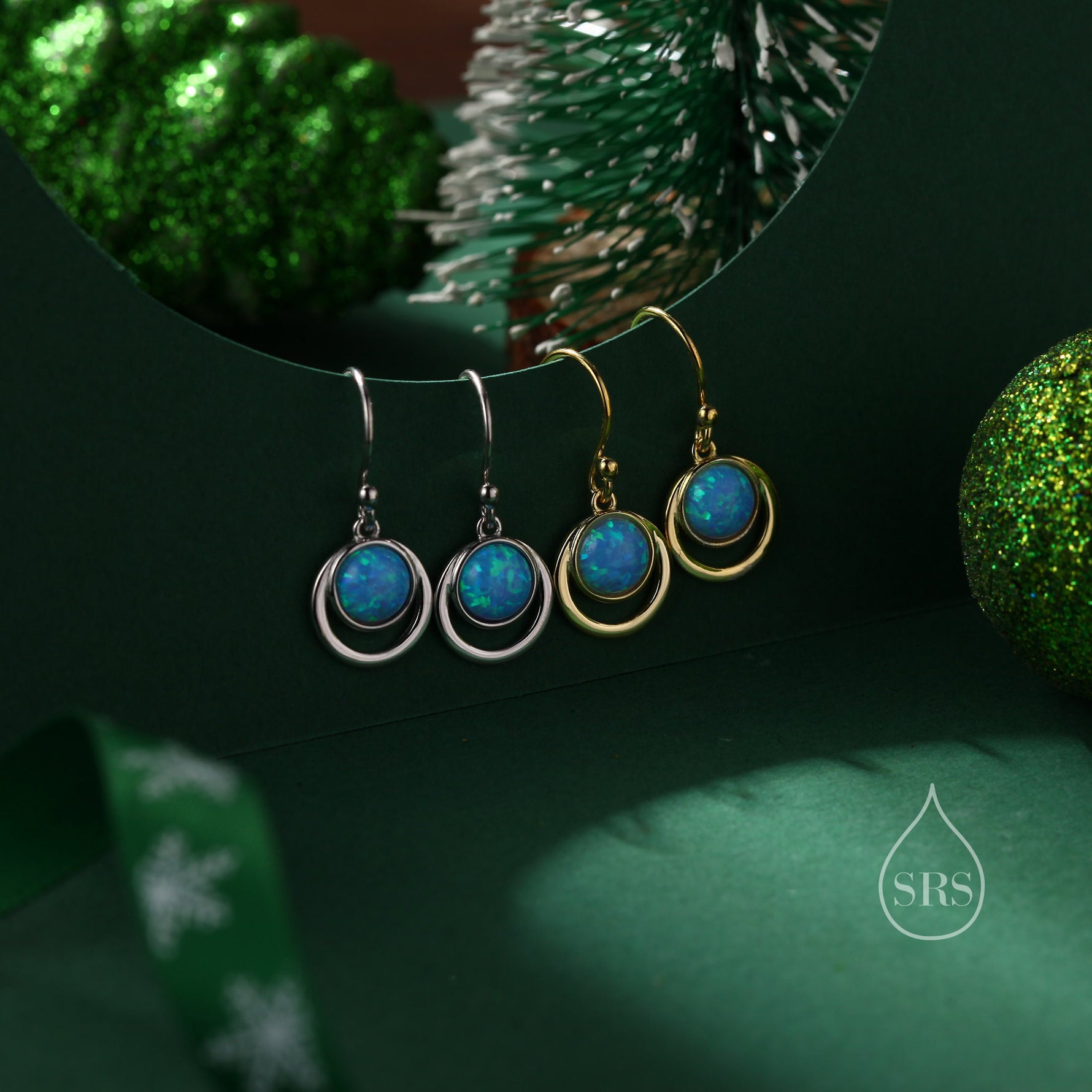 Blue Opal and Circle Drop Hook Earrings in Sterling Silver, Delicate Blue Opal Geometric Earrings, Opal Coin Earrings