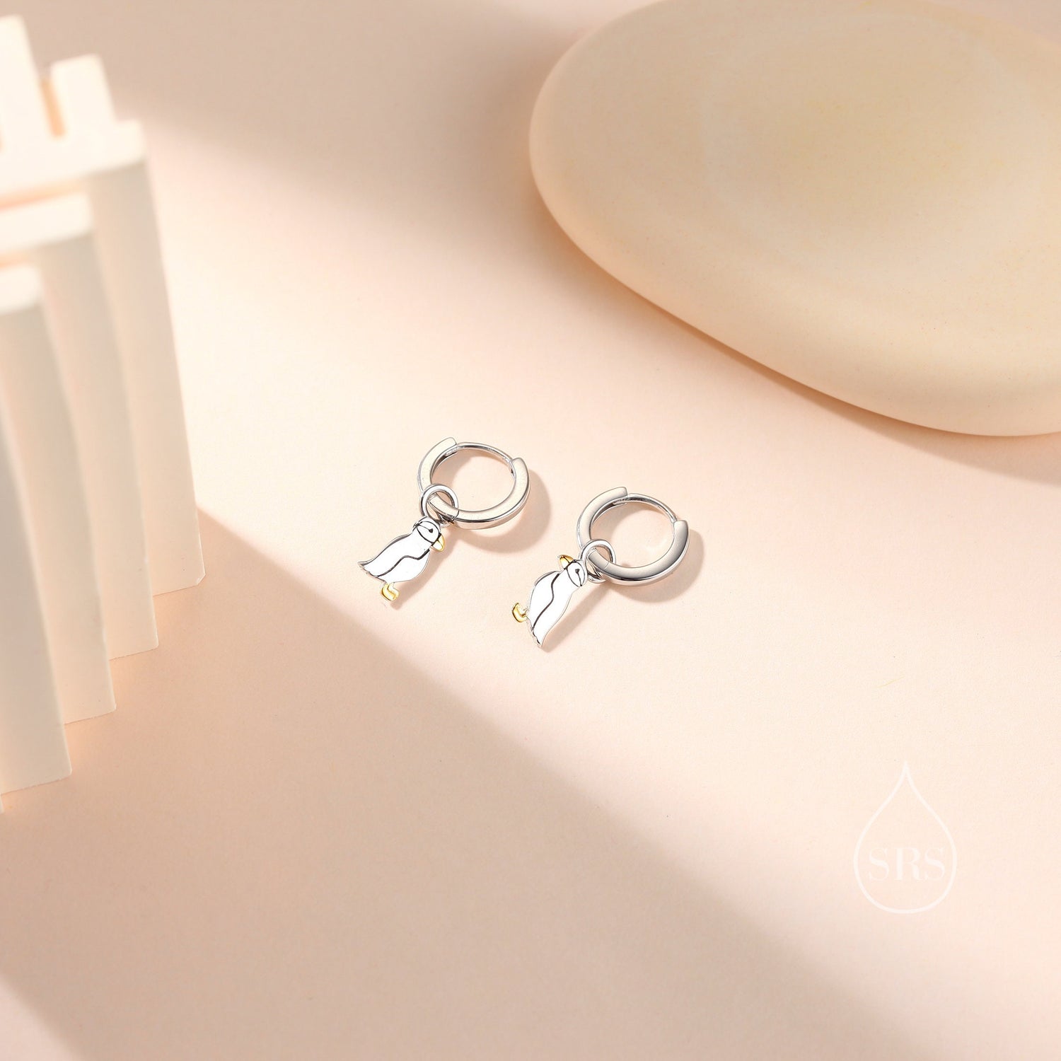 Sterling Silver Puffin Bird Dangle Huggie Hoops, Puffin Hoop Earrings, Dainty Dangle Earrings, Puffin Bird Earrings, Puffin Earrings