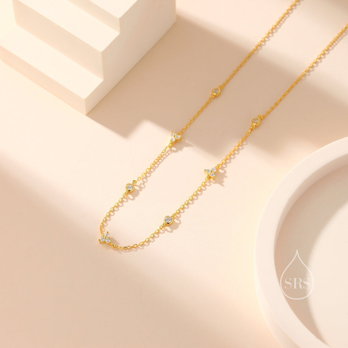 CZ Trio Necklace in Sterling Silver, Silver or Gold, Emerald Green or Clear Three CZ Satellite Crystal Necklace, Solid Silver Necklace