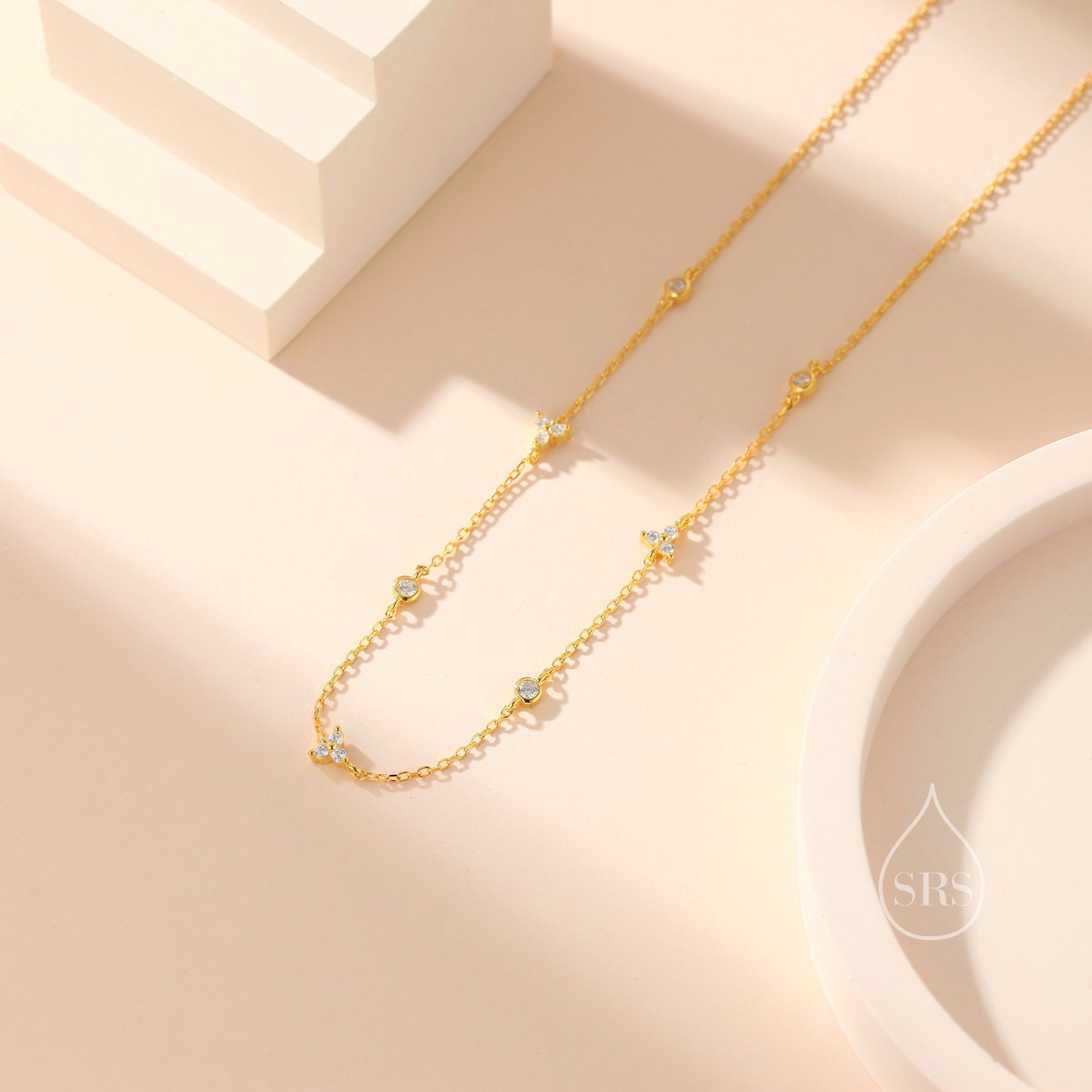 CZ Trio Necklace in Sterling Silver, Silver or Gold, Emerald Green or Clear Three CZ Satellite Crystal Necklace, Solid Silver Necklace