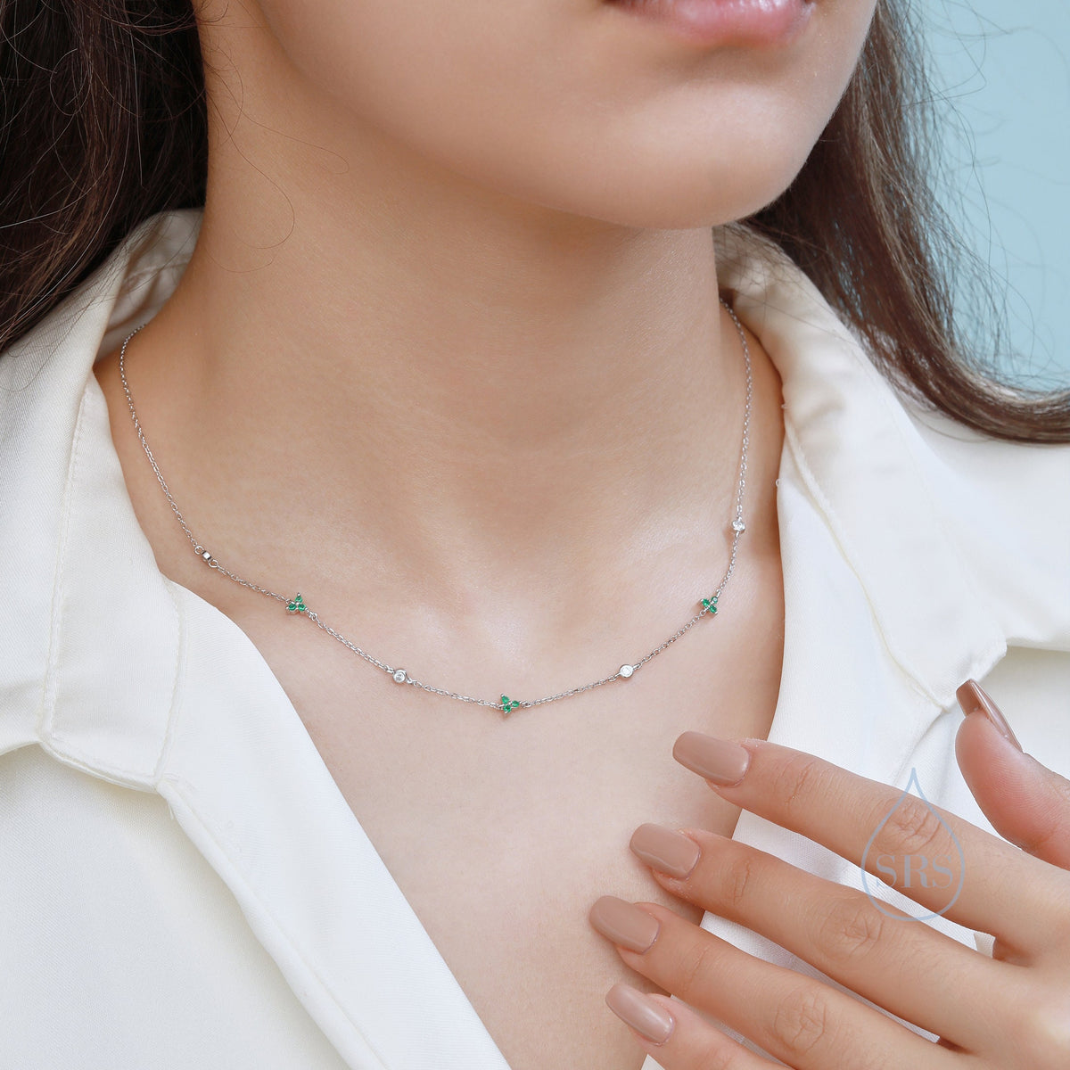 CZ Trio Necklace in Sterling Silver, Silver or Gold, Emerald Green or Clear Three CZ Satellite Crystal Necklace, Solid Silver Necklace