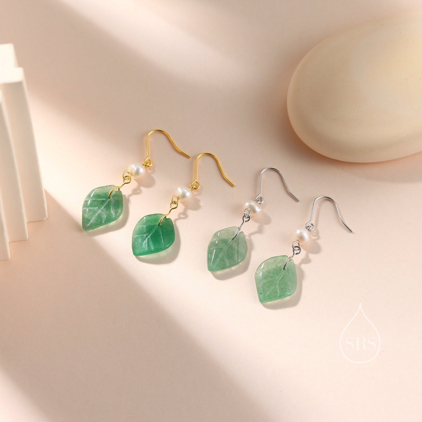 Sterling Silver Dangling Carved Jade Leaf Earrings with Natural Freshwater Pearls, Genuine Jade Leaf Dangle Earrings, Jade and Pearl Earring