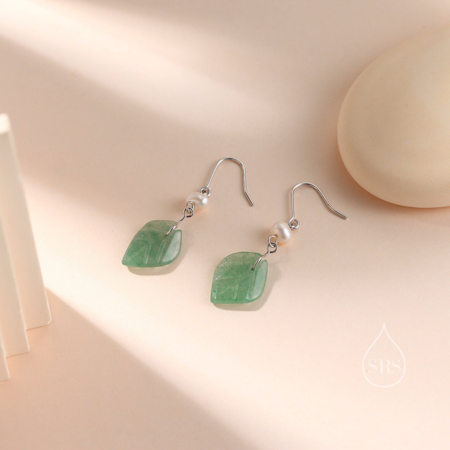 Sterling Silver Dangling Carved Jade Leaf Earrings with Natural Freshwater Pearls, Genuine Jade Leaf Dangle Earrings, Jade and Pearl Earring