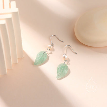 Sterling Silver Dangling Carved Jade Leaf Earrings with Natural Freshwater Pearls, Genuine Jade Leaf Dangle Earrings, Jade and Pearl Earring