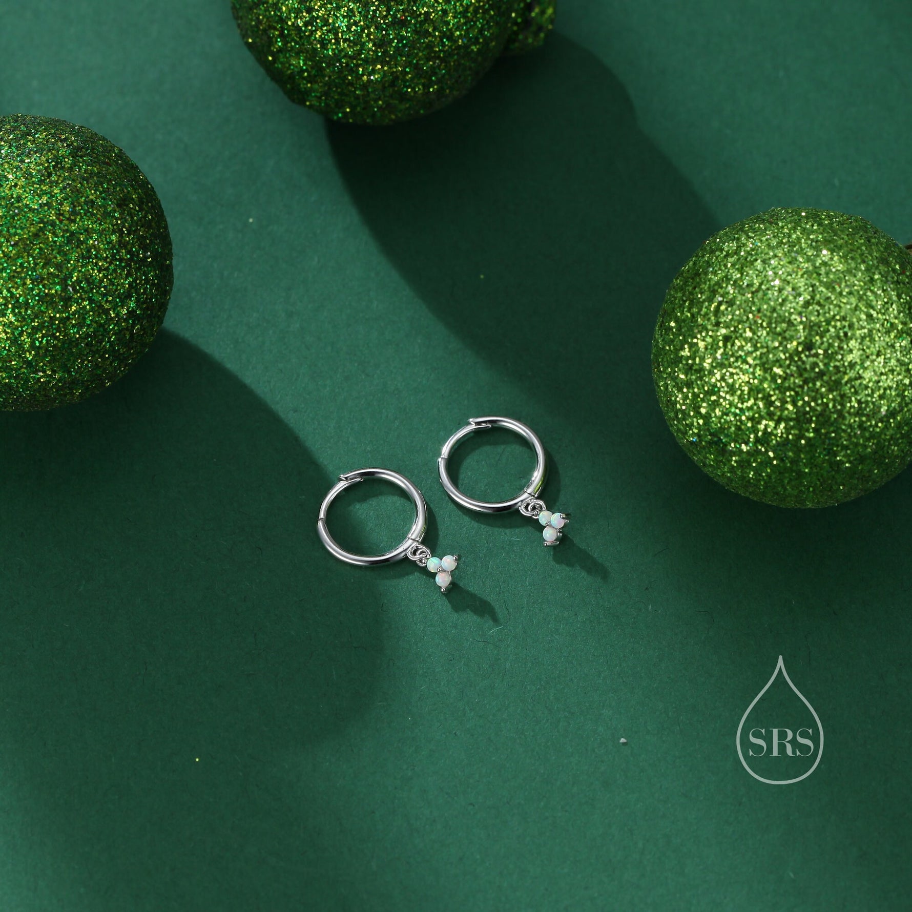 Opal Trio Droplet Tiny Huggie Hoop Earrings in Sterling Silver, Blue Opal or White Opal or Purple Opal or Green Opal, Three Opal Earrings
