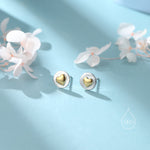 Two Tone Heart Disk Stud Earrings in Sterling Silver, Heart Earrings, Heart Round Circle Earrings