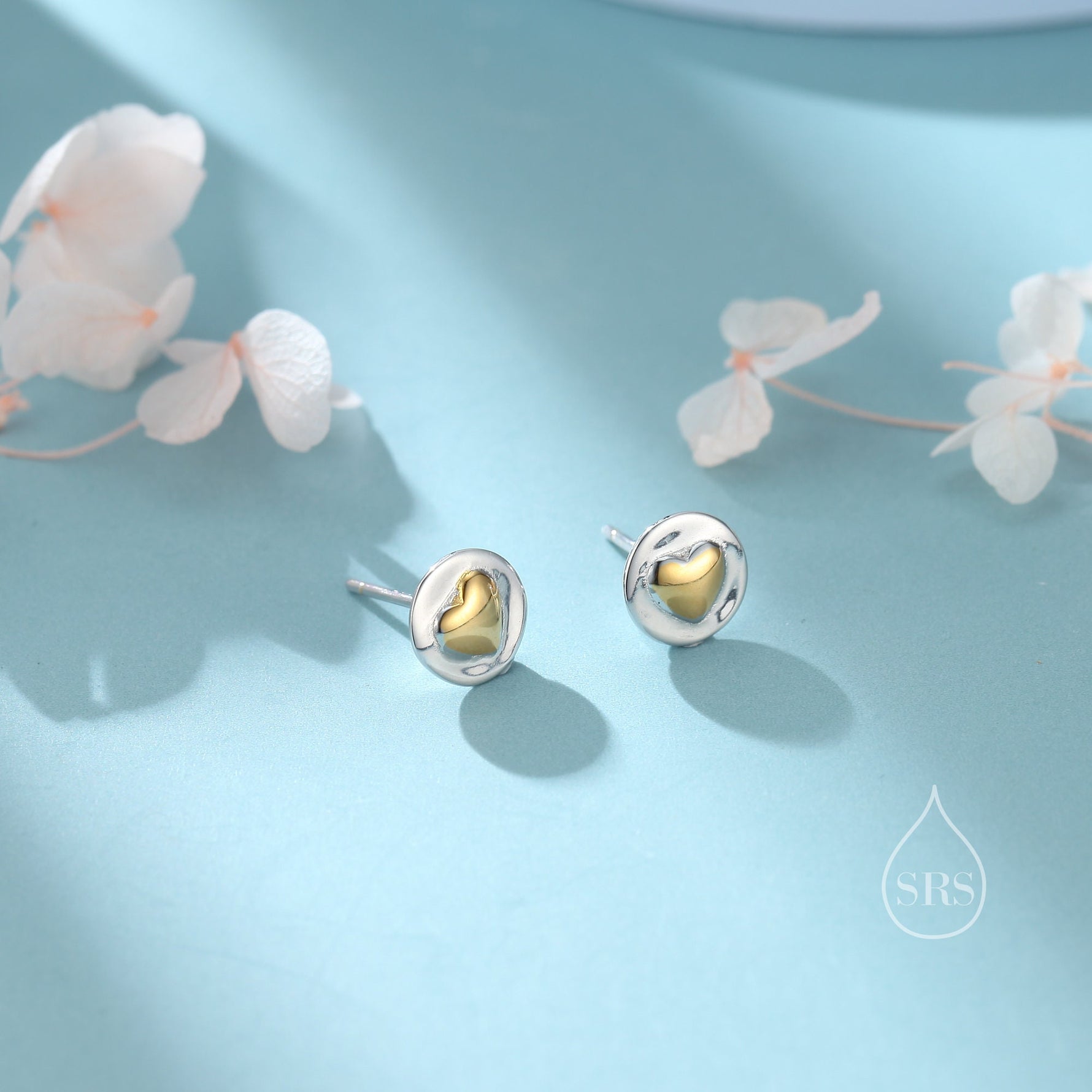 Two Tone Heart Disk Stud Earrings in Sterling Silver, Heart Earrings, Heart Round Circle Earrings