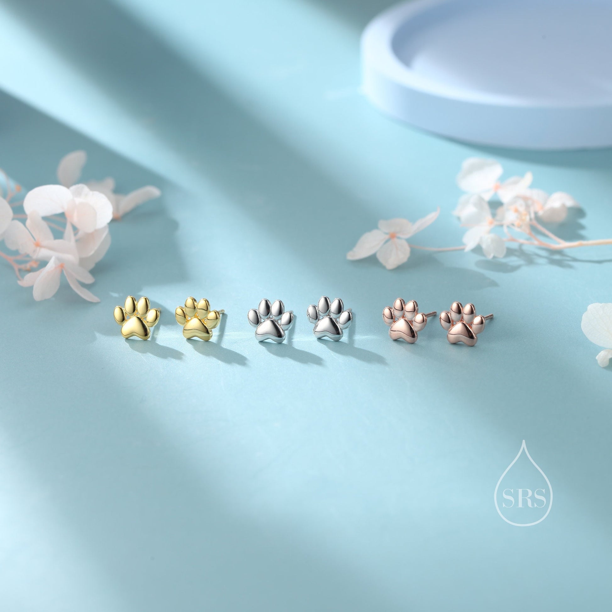 Very Tiny Paw Print Stud Earrings in Sterling Silver, Silver or Gold or Rose Gold, Pet Earrings, Dog Earrings, Cat Earrings