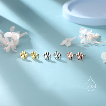 Very Tiny Paw Print Stud Earrings in Sterling Silver, Silver or Gold or Rose Gold, Pet Earrings, Dog Earrings, Cat Earrings
