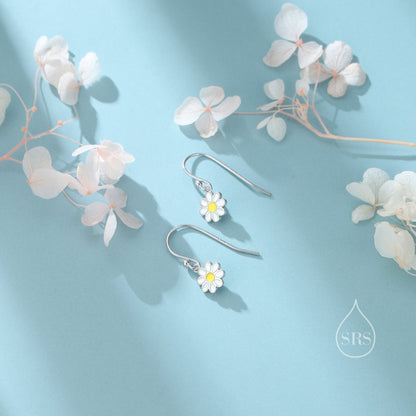 Sterling Silver Enamel Daisy Drop Hook Earrings, Dainty Dangle Daisy Earrings, Flower Earrings? Daisy Hook Earrings