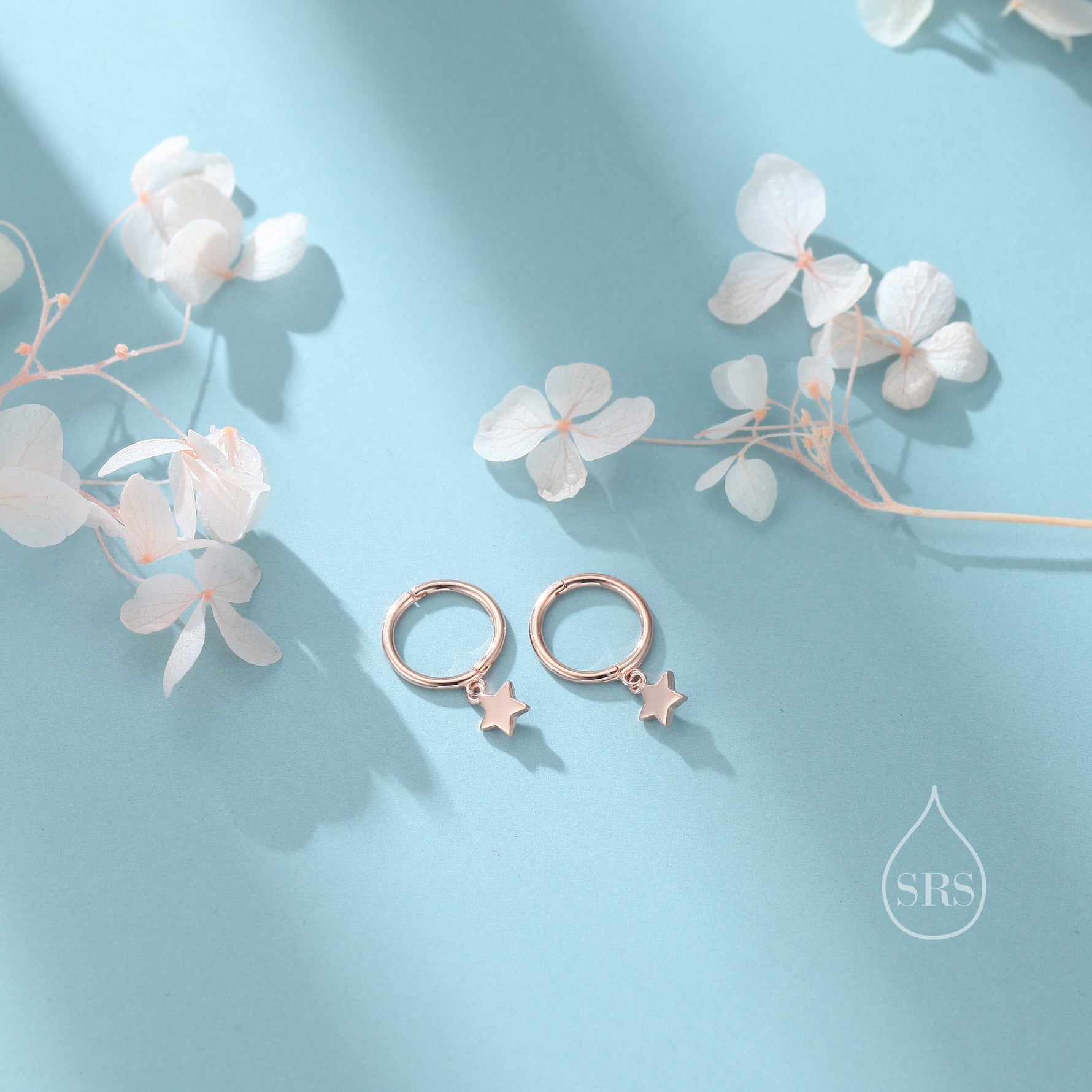 Star Dangle Huggie Hoop Earrings in Sterling Silver, Silver or Gold or Rose Gold, Delicate Star Skinny Hoops