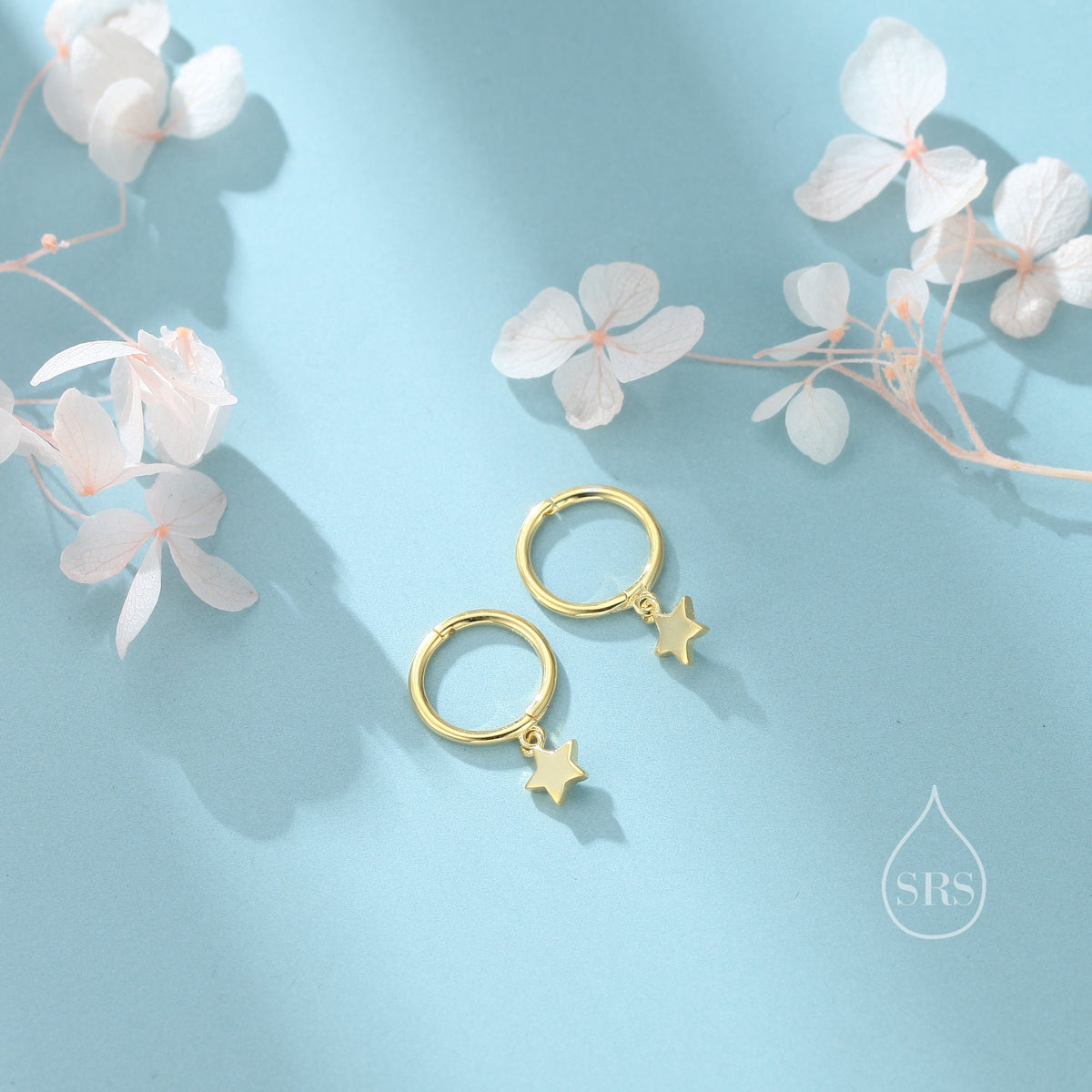 Star Dangle Huggie Hoop Earrings in Sterling Silver, Silver or Gold or Rose Gold, Delicate Star Skinny Hoops
