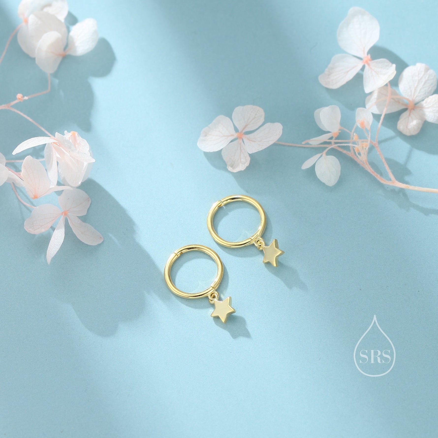 Star Dangle Huggie Hoop Earrings in Sterling Silver, Silver or Gold or Rose Gold, Delicate Star Skinny Hoops