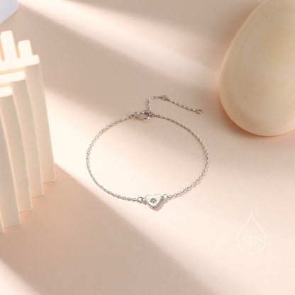 Tiny Heart with Starburst CZ Bracelet in Sterling Silver, Silver or Gold or Rose Gold, Small Heart Bracelet, Silver Heart Bracelet