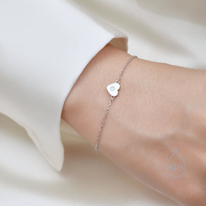 Tiny Heart with Starburst CZ Bracelet in Sterling Silver, Silver or Gold or Rose Gold, Small Heart Bracelet, Silver Heart Bracelet