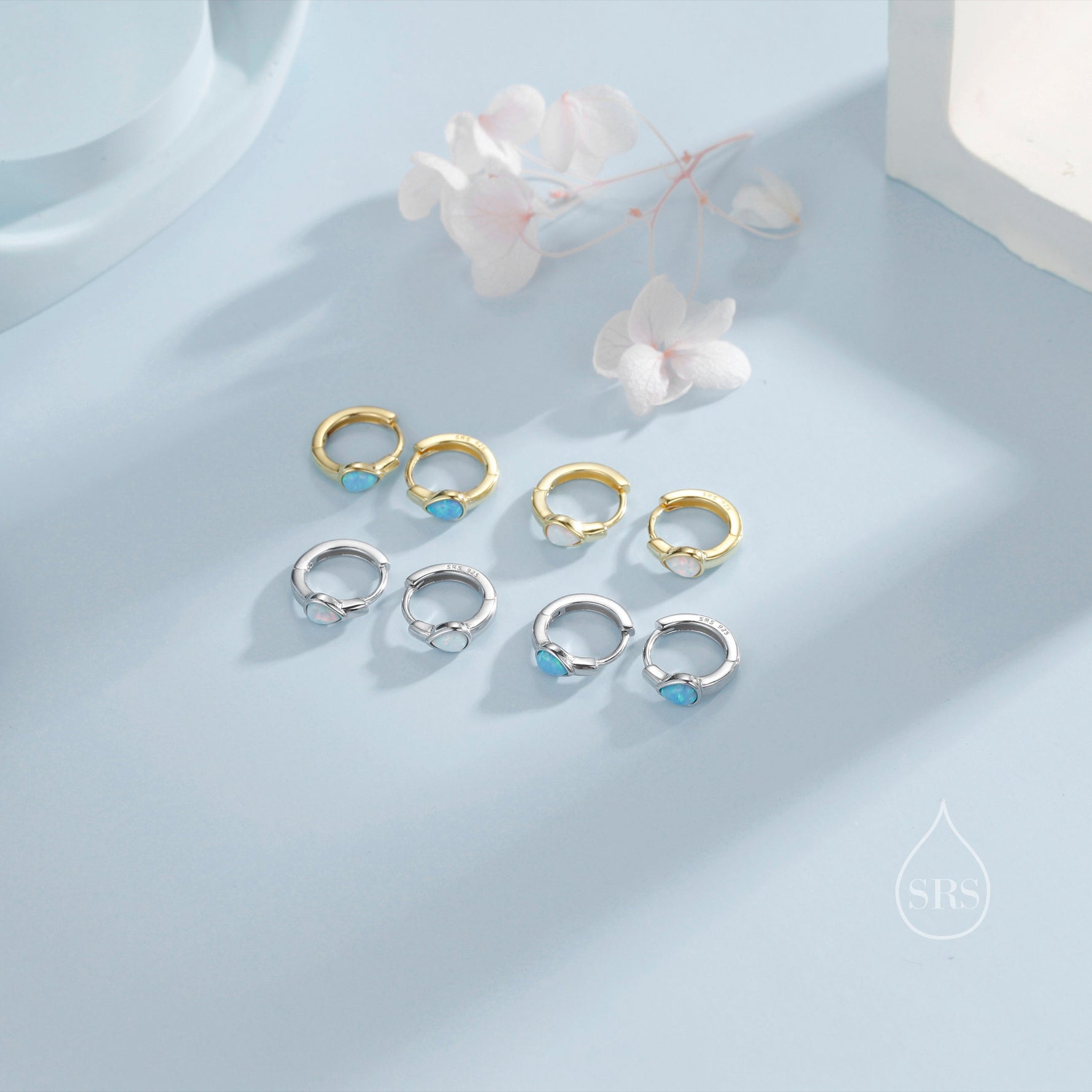 Delicate Opal Droplet Huggie Hoop Earrings in Sterling Silver, Silver or Gold, Blue or White Pear Shape Opal, Tiny Opal Hoop Earrings