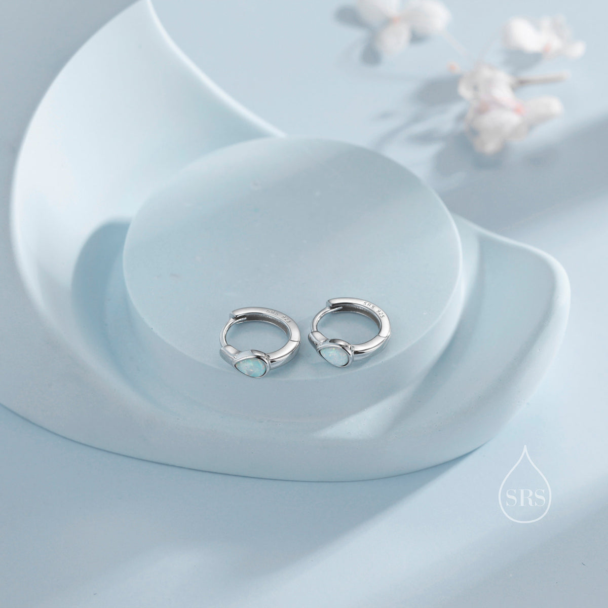 Delicate Opal Droplet Huggie Hoop Earrings in Sterling Silver, Silver or Gold, Blue or White Pear Shape Opal, Tiny Opal Hoop Earrings