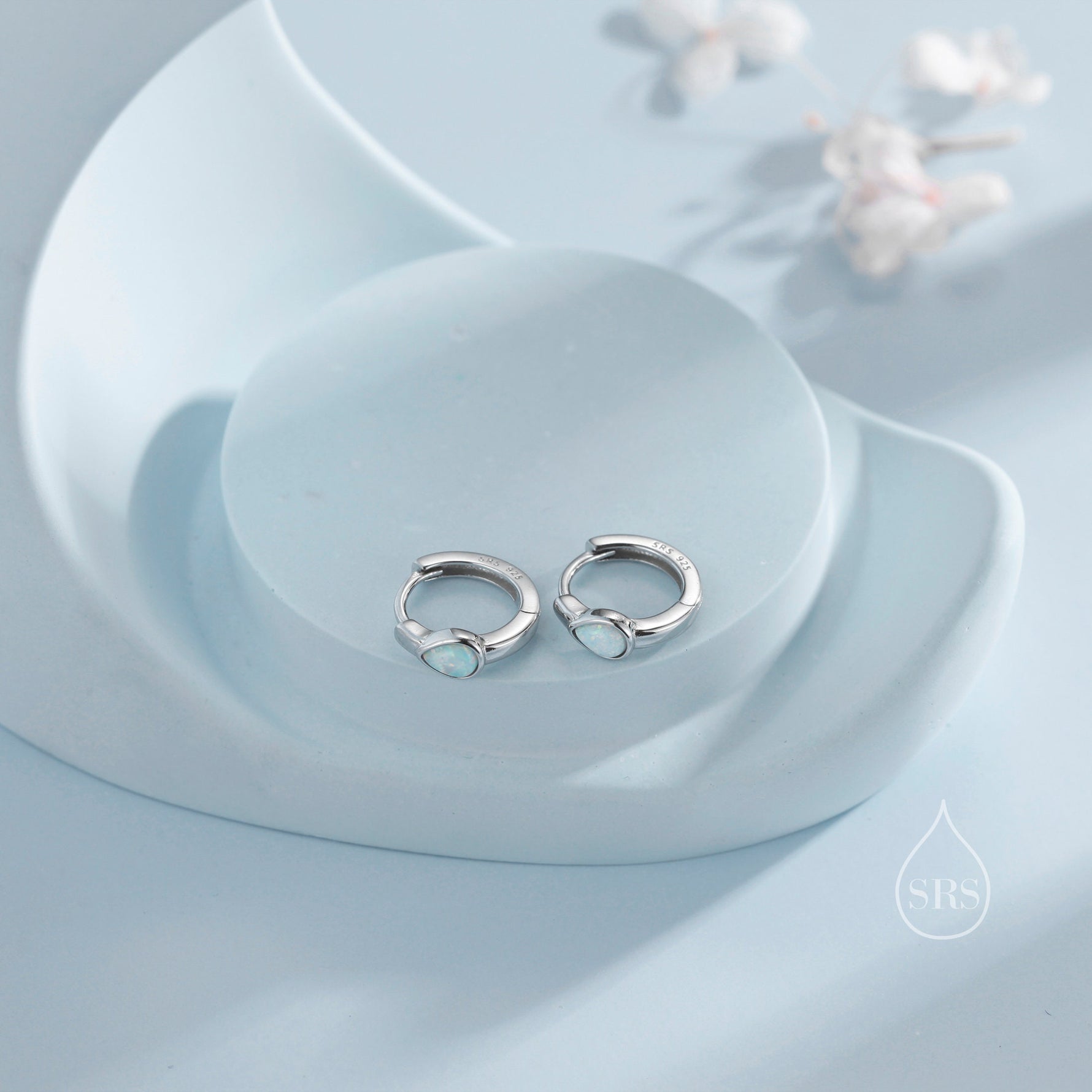 Delicate Opal Droplet Huggie Hoop Earrings in Sterling Silver, Silver or Gold, Blue or White Pear Shape Opal, Tiny Opal Hoop Earrings