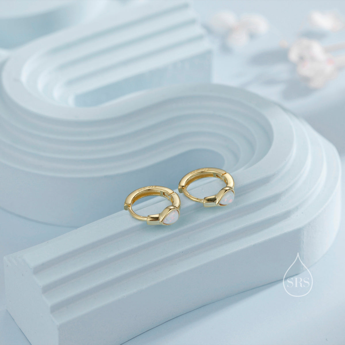 Delicate Opal Droplet Huggie Hoop Earrings in Sterling Silver, Silver or Gold, Blue or White Pear Shape Opal, Tiny Opal Hoop Earrings